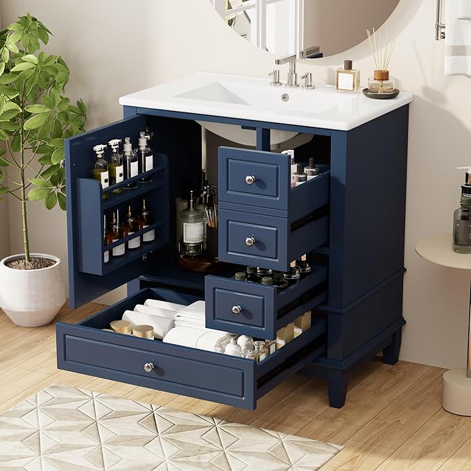 30" Vanity with Sink, Bathroom Vanities 30 Inch with Sink, Single Sink Bathroom Vanity with Door Shelf and Three Drawers, Restroom Vanity with Sink Top (Blue)