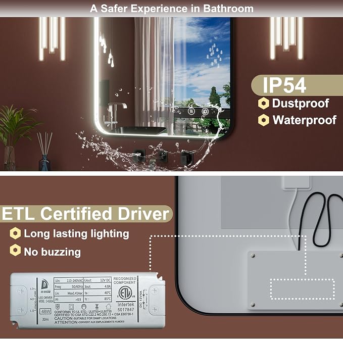 28"x36" Black LED Bathroom Mirror with Lights, 3000K/4500K/6000K | Stepless Dimmable, Memory, Anti-Fog,Aluminum Frame Wall Mounted Lighted Bathroom Vanity Mirror, ETL Listed, IP54 Waterproof