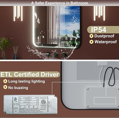 28"x36" Black LED Bathroom Mirror with Lights, 3000K/4500K/6000K | Stepless Dimmable, Memory, Anti-Fog,Aluminum Frame Wall Mounted Lighted Bathroom Vanity Mirror, ETL Listed, IP54 Waterproof