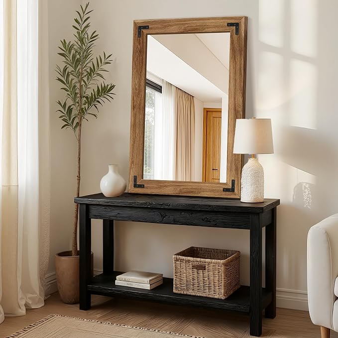 Bathroom Mirror for Wall, 24" x 36" Wooden Vanity Mirror | Solid Wood Frame, Rustic Farmhouse Style, Shatterproof Glass, for Bedroom, Living Room, Entryway Decor, Vertical/Horizontal