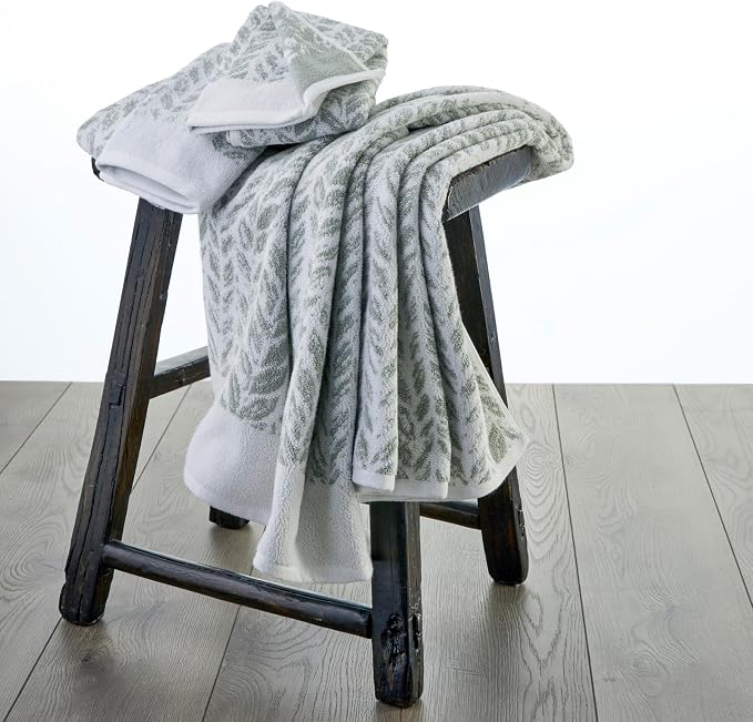 SKL Home Distressed Leaves Han Towel Set-2pc, 100% Turkish Cotton, Sage | 600 GSM weight. Spa-level quality. Soft & absorbent, reversible jacquard. For the bathroom, kitchen, bar or any sink space.