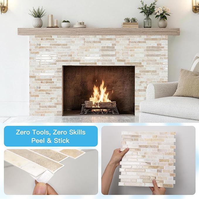 Art3d Linear Tile Peel and Stick Backsplash, 10-Pack, Eurasian Mocha Stone | 12 x 12 Inch, Enhanced Thickness, Warp Resistant, Strong Adhesion, Sturdy, for Kitchen, Bedroom, Ideal for Home Improvement