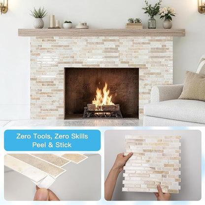 Art3d Linear Tile Peel and Stick Backsplash, 10-Pack, Eurasian Mocha Stone | 12 x 12 Inch, Enhanced Thickness, Warp Resistant, Strong Adhesion, Sturdy, for Kitchen, Bedroom, Ideal for Home Improvement