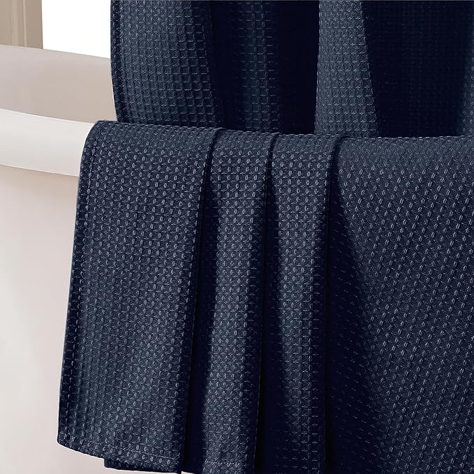 OVZME Navy Blue Shower Curtain Set, Waffle Textured Heavy Duty Fabric Shower Curtain for Bathroom, Luxury Hotel Weighted 230GSM Bath Curtain with 12 Plastic Hooks, Machine Washable, 72x72