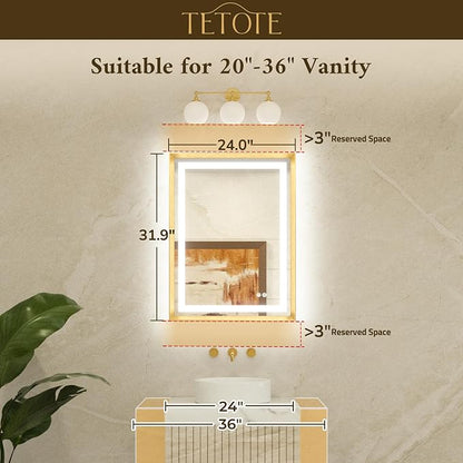 24 x 32 Led Mirror Brushed Gunmetal Gray/Off‑Black Metal Frame Frontlit & Backlit Vanity Mirror Anti-Fog Stepless Dimmable 3 Colors White/Warm/Natural Wall Mirror with Lights Wall-Mounted