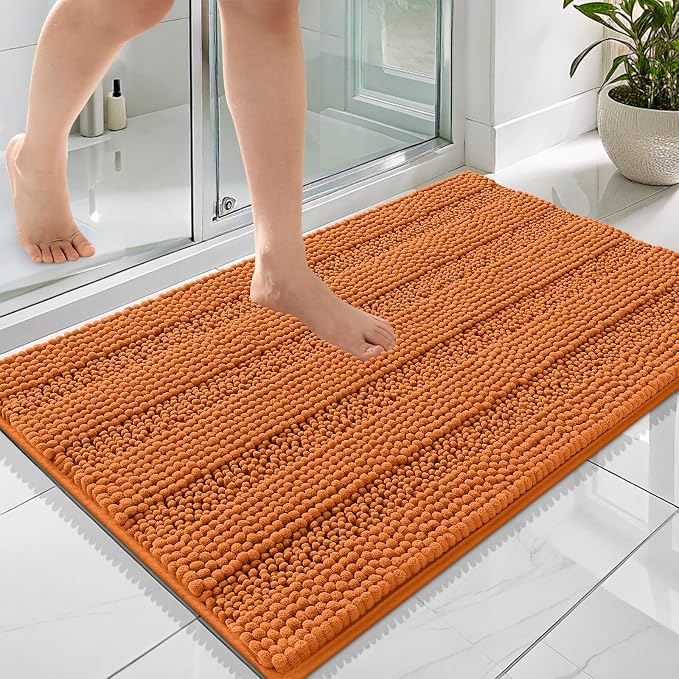 OLANLY Thick Bathroom Rugs 36x24, Soft Chenille Striped Bath Rugs, Clay | Rubber Backing, Machine Wash, Extra Absorbent Bath Mats for Bathroom Floor, Tub and Shower, Home Decor Accessories