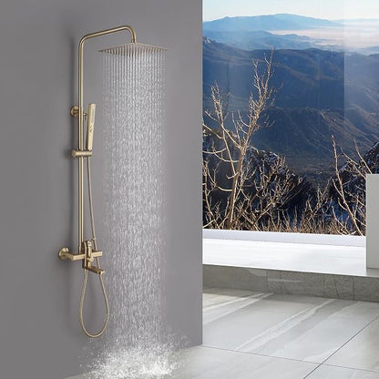 Exposed Shower System 10" Brushed Gold Rainfall Shower Head with 2 Modes Handheld and Tub Faucet Set, Square Shower Head 3 Functions Outdoor Shower Fixtures with Brass Valve, Height Adjustable