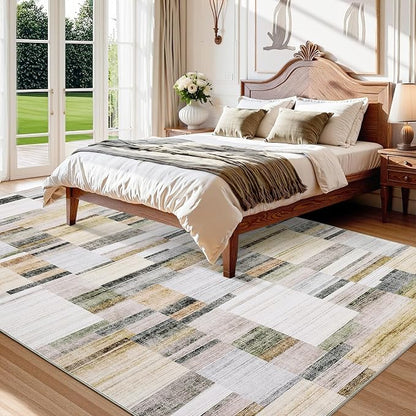 Large Area Rug 10x13 Area Rug for Living Room Washable Rug Modern Geometric Rug Non Slip Bedroom Rugs Low Pile Soft Stain Resistant Carpet for Dining Room Nursery 10'x13' Khaki&Grey