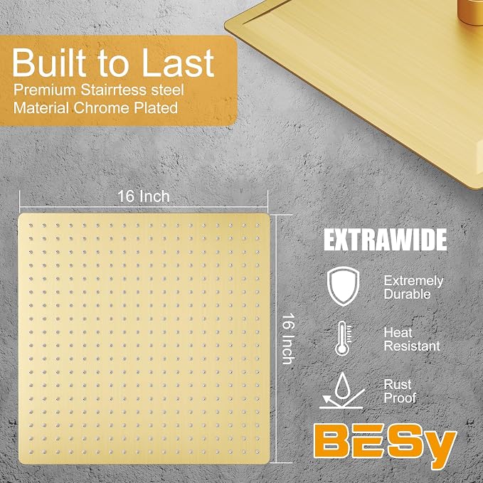 16 In Rain Shower Head High Pressure Rainfall Shower Head Brushed Gold | Square Rain Bathroom Showerhead, High Flow, Large Stainless Steel, Ceiling Mounted, Wall Mounted, Waterfall Full Body