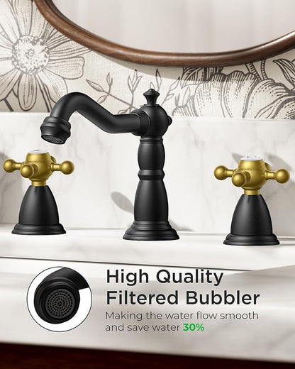 FORIOUS Matte Black and Gold Brass Antique Vintage Bathroom Faucet with Metal Pop Up Drain and 24" Water Hose for 3 Hole 8 Inch Widespread Bathroom Sink Farmhouse Vanity