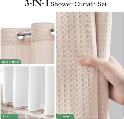 Blush Pink Hook Free Waffle Shower Curtain & Snap-in Liner,72x75 | Less Time to install, 3 in 1 Fabric Shower Curtain and Liner Set with Magnets, Mesh Top Window, Shower Curtains for Bathroom