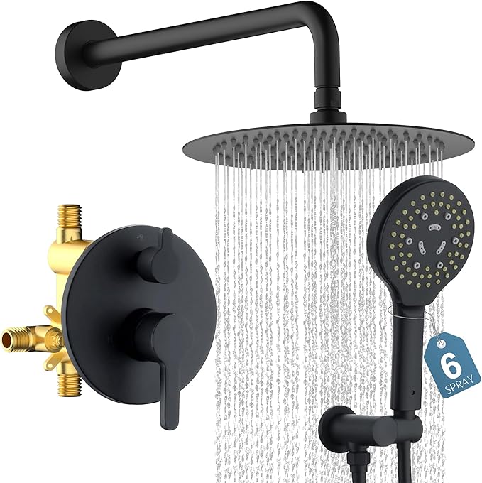 Matte Black Shower Faucet Set, Wall Mount Rain Shower System 10 Inches Shower Head and Shower Handheld, Included Pressure Balance Valve and Trim Kit