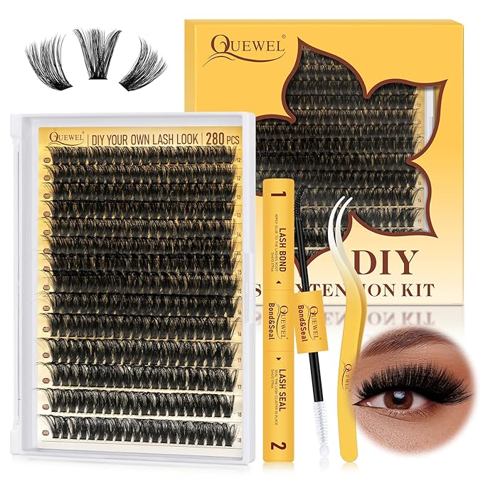 QUEWEL Lash Clusters Kit, 320Pcs 100D Lash Cluster Eyelash Extensions | Mix 12-18mm 3D Eyelash Clusters with Lash Bond and Seal and Lashes Tweezer Easily Create 3D Lashes Clusters at Home(100D Kit)