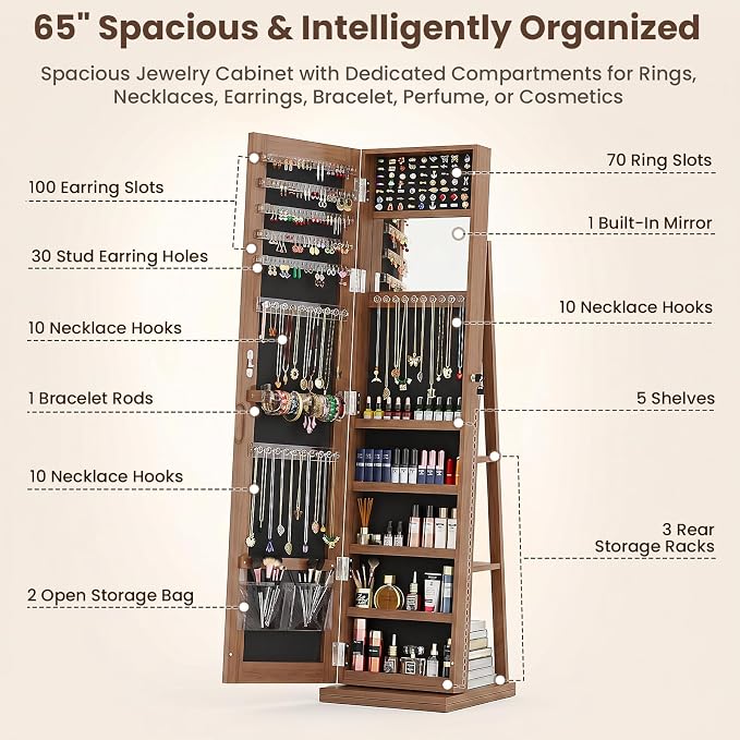 4-In-1 Jewelry Cabinet Jewelry Armoire Lockable Standing, Brown | Jewelry Organizer with Storage, Full-Length Mirror, 3 Storage Shelves, Makeup Mirror, 360 ° Swivel Jewelry Armoire for Women
