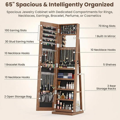 4-In-1 Jewelry Cabinet Jewelry Armoire Lockable Standing, Brown | Jewelry Organizer with Storage, Full-Length Mirror, 3 Storage Shelves, Makeup Mirror, 360 ° Swivel Jewelry Armoire for Women