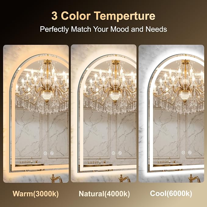 Arched LED Lighted Bathroom Mirror with Lights 20"x28"Smart Anti-Fog | Dimmable 3 Color Modes, Backlit and Front Lit, Memory Function, HD Tempered Glass,Touch Sensor