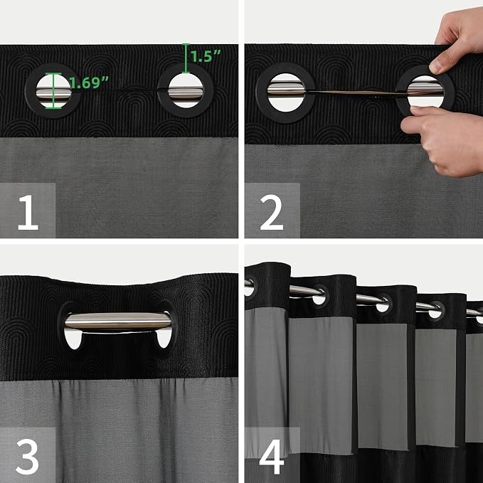 eachope No Hook Boho Arch Shower Curtain with Snap-in Liner Set,71x80,Black | 230GSM Thick Fabric,Easy to Install,Sheer Window,Magnetic Weighted Hem,Waterproof & Machine Washable,for Bathroom,Hotel