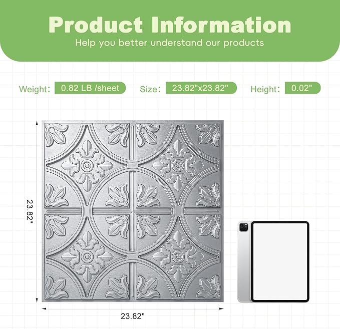 Art3d Fancy Classic Style Drop Ceiling Tiles, 2 x 2 ft, Argent Silver | PVC, Lightweight, Waterproof, Easy to Wipe Clean, Compatible with Grid System, Suitable for Kitchen, Bathroom, Basement