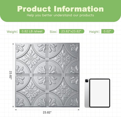 Art3d Fancy Classic Style Drop Ceiling Tiles, 2 x 2 ft, Argent Silver | PVC, Lightweight, Waterproof, Easy to Wipe Clean, Compatible with Grid System, Suitable for Kitchen, Bathroom, Basement