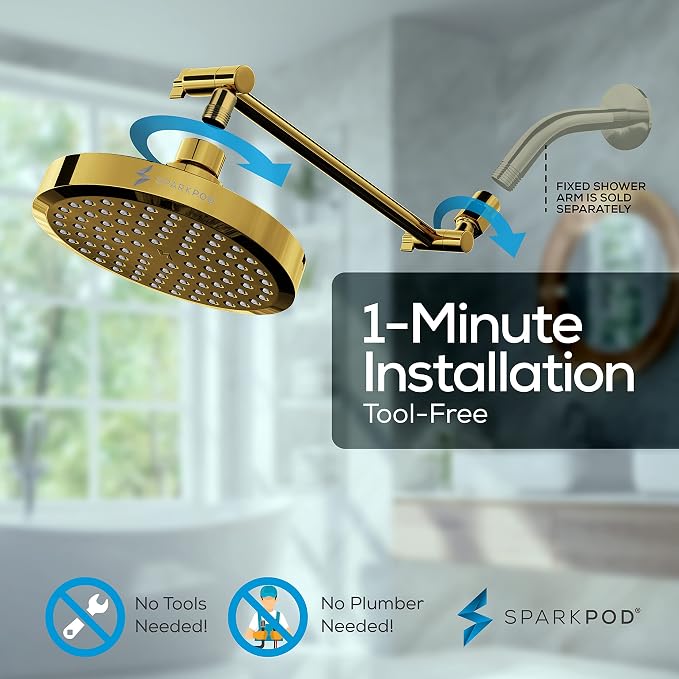 SparkPod 6" Round Rain Shower Head with 11" Shower Arm | Shower Head & Extension Arm Combo, Height Adjustable, High Pressure Performance, Easy 1-Minute Installation, Egyptian Gold