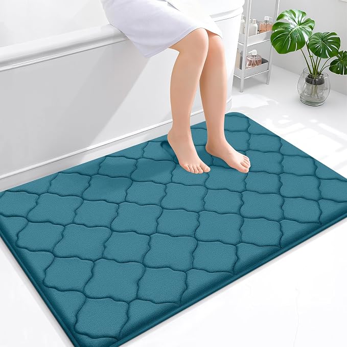 OLANLY Memory Foam Bath Mat Rug 47x32, Ultra Soft and Absorbent Bathroom Rugs, Non-Slip, Comfortable, Machine Washable Bath Carpet for Bathroom Floor, Shower and Home Decor Accessories, Peacock Blue
