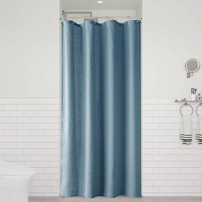 Blue Linen Shower Curtain, Cloth Textured Fabric Shower Curtain Set with Hooks, Simple Elegant Modern Farmhouse Country Ultra Thick Bath Curtains for Bathroom,Water Repellent,48x72