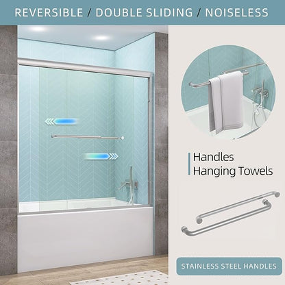 GETPRO Sliding Tub Shower Door 56-60 in. W x 58 in. H Semi-Frameless Bypass Double Sliding Bathroom Glass Door for Tub,1/4 inch Clear Tempered Glass Bathtub Door Brushed Nickel