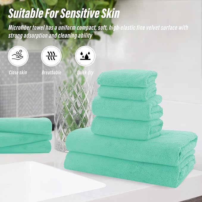 MOONQUEEN Ultra Soft Microfiber Coral Velvet Towel Set - Quick Drying, 2 Bath Towels, 2 Hand Towels, 2 Washcloths - Aqua Green, 6 Pcs