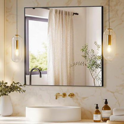 Bathroom Vanity Mirror for Wall, 30"x30" Bathroom Mirror for Over Sink | HD Shatterproof Glass, Rectangular Metal Frame, Mirror for Bathroom, Living Room, Entryway(Black)