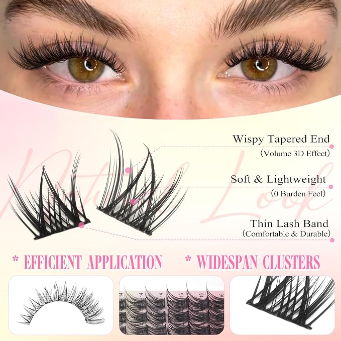 Lash Clusters Kit Wispy Cluster Eyelash Extensions Kit Natural Lash Extension Kit Natural Look Eyelash Clusters Wispy False Eyelashes with Lash Bond and Seal, Tweezers