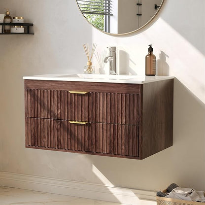 30 Inch Floating Bathroom Vanity with Sink, Bathroom Wall Cabinet with 2 Fluted Drawers & Metal Handle, Wall Mounted Cabinet for Bathrooms (Brown, 30 inch, with Sink)