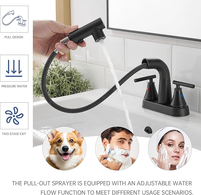 FRANSITON Bathroom Faucets with Pull Out Sprayer, 4 Inch Black Bathroom Faucet 3-Hole, 2 Handle Pull Down Sprayer Bathroom Sink Faucet with 360 Swivel Spout, Metal Pop-Up Drain