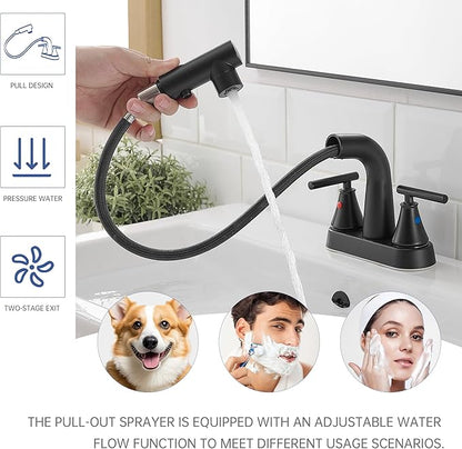 FRANSITON Bathroom Faucets with Pull Out Sprayer, 4 Inch Black Bathroom Faucet 3-Hole, 2 Handle Pull Down Sprayer Bathroom Sink Faucet with 360 Swivel Spout, Metal Pop-Up Drain