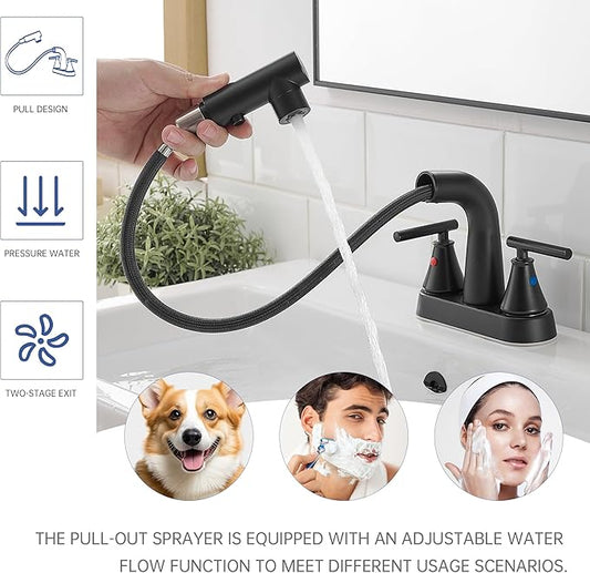 FRANSITON Bathroom Faucets with Pull Out Sprayer, 4 Inch Black Bathroom Faucet 3-Hole, 2 Handle Pull Down Sprayer Bathroom Sink Faucet with 360 Swivel Spout, Metal Pop-Up Drain