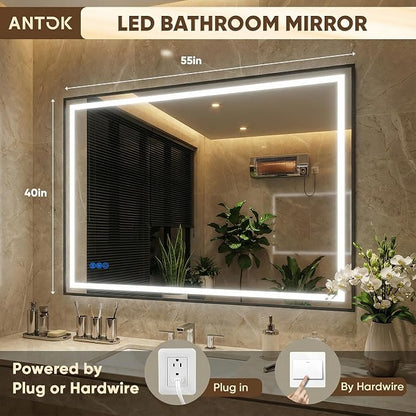 Antok 55X40 LED Bathroom Mirror with Lights, Vanity Mirror for Wall with Black Frame, Touch Control, Anti-Fog, Dimmable Lights, Shatter-Proof, Memory Function, Wall-Mounted Vanity Mirrors