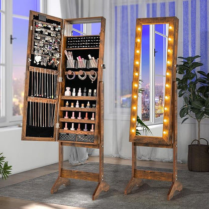 GOFLAME Jewelry Armoire Cabinet Standing, Lockable Full Length Mirror with Storage Shelves and 2 Drawers, Adjustable Tilt Angles, Stand Up Jewelry Box with Lighted Mirror (Rustic Brown)