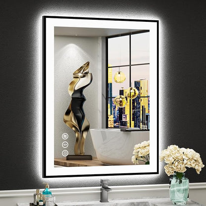 24x32 Black LED Bathroom Mirror, Backlit & Front Lit Lighted Mirror | Metal Framed Anti-Fog Vanity Mirror with Lights, 3 Color Dimmable, Memory, Tempered Glass, CRI95, IP54, Horizontal/Vertical