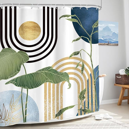 Glawry Navy Blue Boho Shower Curtain Abstract Light Blue Mid Century Tropical Plant Minimalist Modern Bathroom Mid Century 60Wx72L Inches Bath Accessories Art Home Decor Fabric 12 Pack Hook