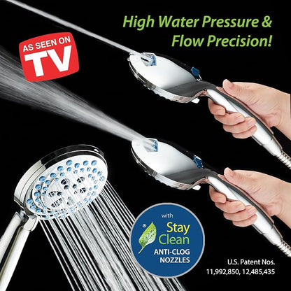 AquaCare New 8-mode High Pressure Handheld Shower Head w/ 2-way Power Wash | Stay Clean Nozzles, Dual Power Wash for Tub, Tile & Pets, Long 6 ft. Stainless Steel Hose, Wall & Overhead Brackets / Chrome