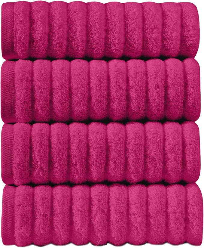 Elegant Comfort Luxury 100% Turkish Cotton Corduroy Ribbed 4 Pack Hand Towel Set 16 x 28 Inch - Absorbent, Super Soft, Quick Dry, Premium Towels for Bathroom, Gym, Spa and Hotel Use, Hot Pink
