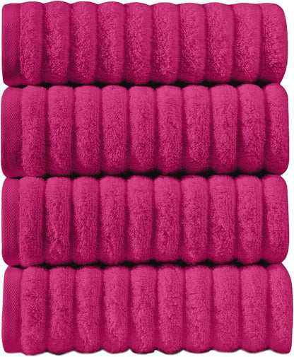 Elegant Comfort Luxury 100% Turkish Cotton Corduroy Ribbed 4 Pack Hand Towel Set 16 x 28 Inch - Absorbent, Super Soft, Quick Dry, Premium Towels for Bathroom, Gym, Spa and Hotel Use, Hot Pink