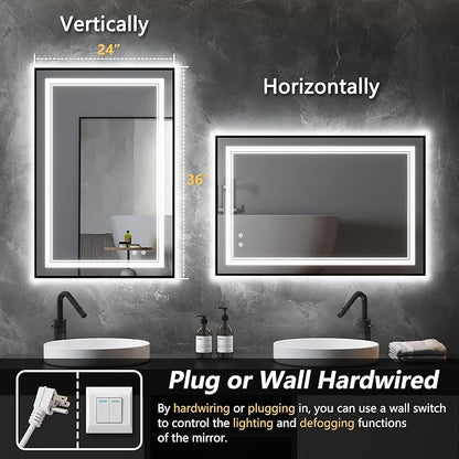 LED Bathroom Mirror with Front and Backlit 24"x36", Black Frame, Wall Mounted, Dual LED Strips, Fogless, Dimmable, 3 Color Changing, Shatterproof, Horizontal/Vertical