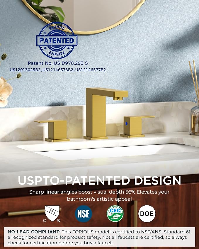 FORIOUS 2 Pack 8" Widespread Gold Bathroom Faucet 3 Hole, Commercial Faucet | 2 Handle Wholesale Square Brushed Gold Bathroom Sink Faucet 3 Holes, Vanity Faucet with Drain, Supply Line and 1.2gpm Aerator
