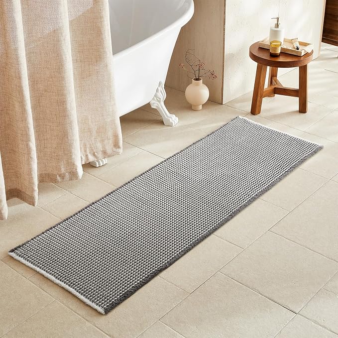 TYUU Waffle Runner Rug Bathroom, Long Boho Bath Mat, 72x24 Grey & White | Super Absorbent Quick Dry Bath Rug, Non-Slip Backing, Soft Waffle Washable Farmhouse Bathroom Mats, Tub, Shower & Home Decor