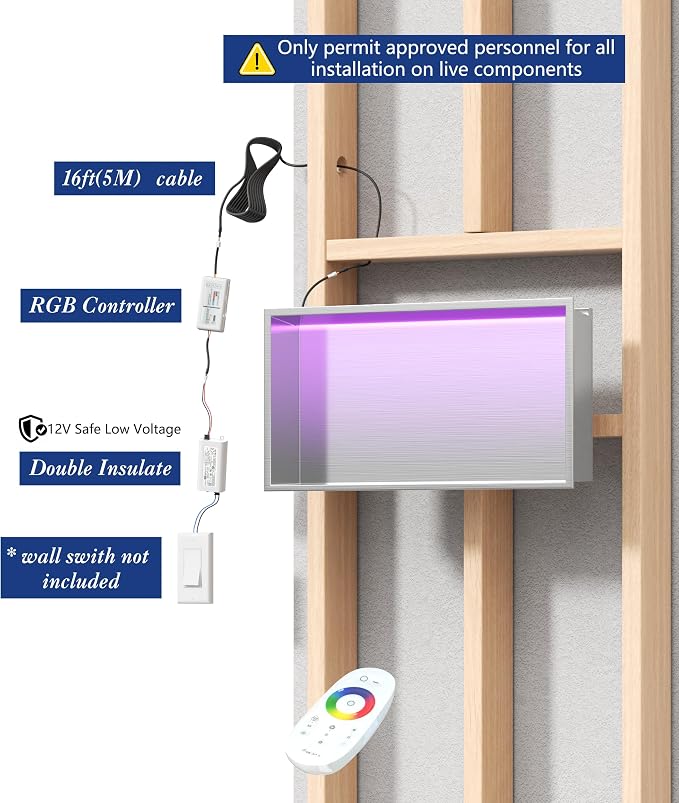 RGB LED Light Shower Niche, Brushed 24X12 in Stainless Steel Wall Cabinet with Remote Control, Waterproof No Tile Needed Wall Niche for Bathroom Storage Built-in Installation