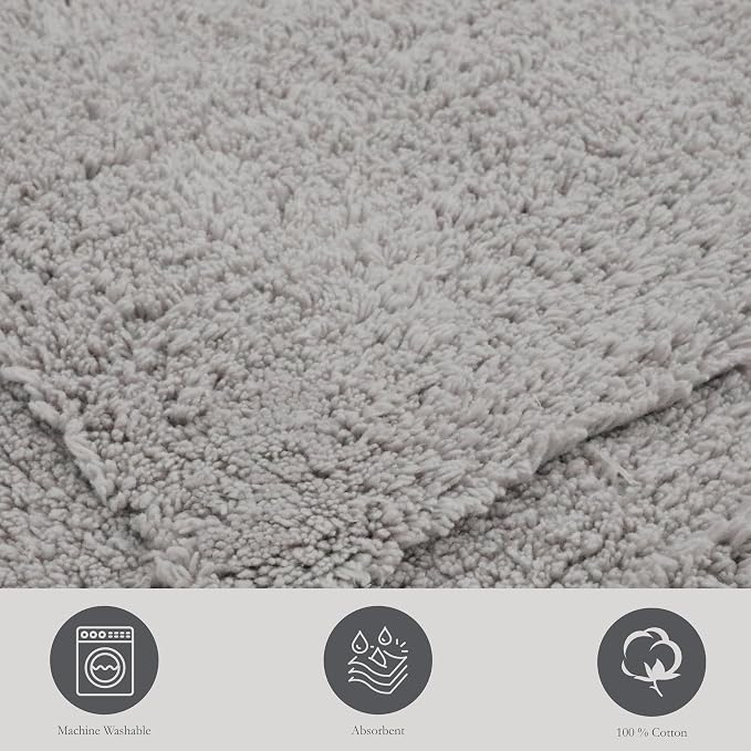 Jean Pierre New York Lydia Border 100% Cotton Bath Mat 2-Piece Set - Non-Slip Bath Rug - Grey - 17"x24" & 20" x 32"