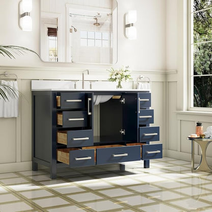 48-Inch Bathroom Vanity with Sink, 2 Soft-Close Doors and 9 Soft-Close Drawers, Bathroom Freestanding Vanity with Cultured Marble Countertop, Navy Blue Vanity with Brushed Nickel Handles