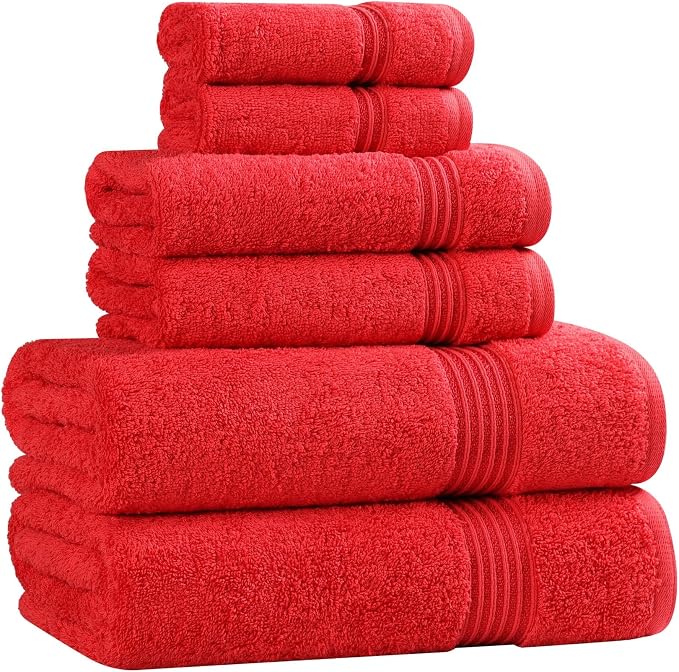 Superior Egyptian Cotton 6-Piece Towel Set, Assorted Towels for Home Bathroom, Master, Guest Bath, Decor Essentials, Includes 2 Bath, 2 Hand, 2 Face Towels/Washcloths, Quick Dry, Absorbent, Red