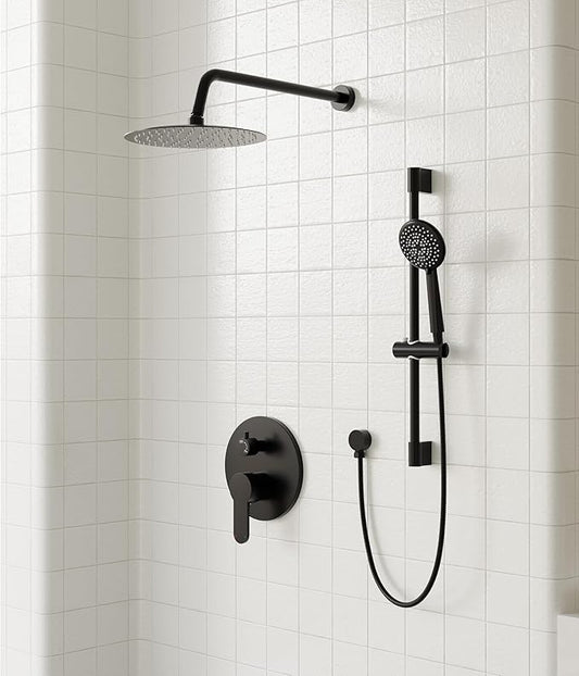 Gabrylly Shower System, Slide Bar Shower Faucet Set, 12", Matte Black | Rainfall Shower Head with 5-Setting Handheld Spray, Wall Mounted Shower Set Included 2-Way Shower Valve and Trim Kit
