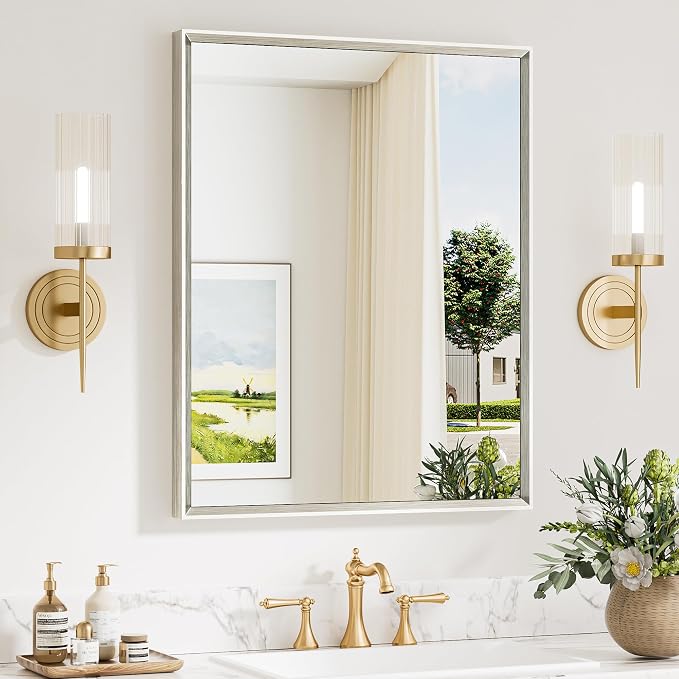Keonjinn 24 x 30 Inch Brushed Nickel Bathroom Mirrors for Over Sink | Beveled Metal Frame, Anti Rust, Rectangular Mirrors for Wall, Farmhouse Bathroom Vanity Mirror, Tempered Glass, Square Corner